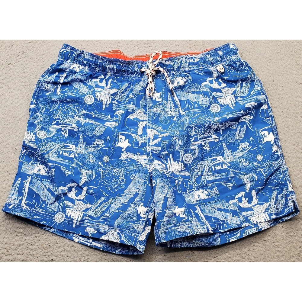 Lands' End Swim Trunks Shorts Mens Large Multi Great Lakes Map Drawstring Waist